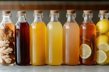 A selection of herbal detox drinks in glass bottles, each labeled with ingredients like ginger, lemon, and turmeric