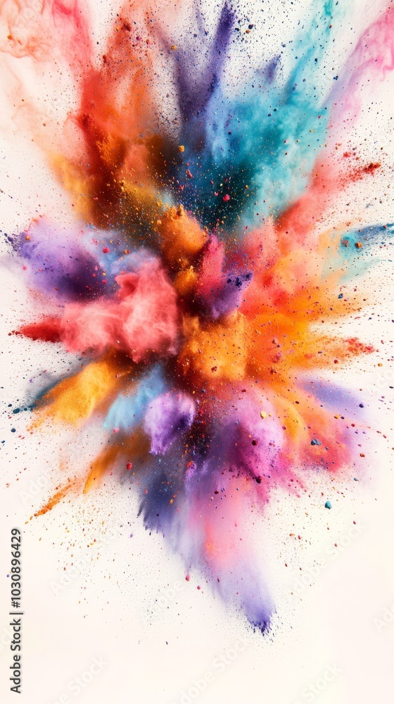 Poster vibrant plume of colored powder exploding against a clean white backdrop, creating an abstract image
