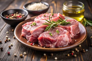 Fototapeta premium Fresh pork cheeks seasoned with salt and pepper ready for cooking