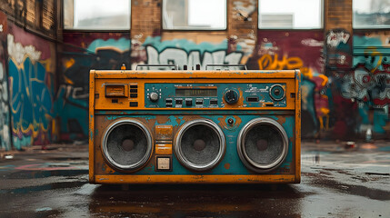 Vintage boombox in an urban, graffiti-covered environment.