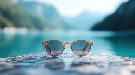 A pair of retro-style sunglasses are perched on a rock with a vivid turquoise lake and mountainous...