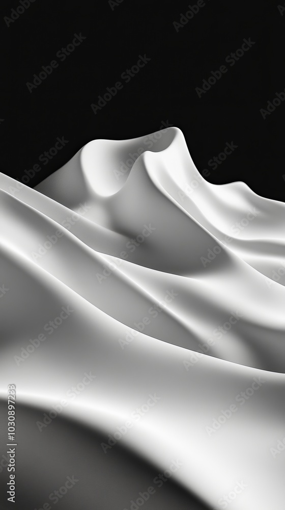 Poster Flowing white silk fabric on black background, creating elegant, luxurious setting. Smooth waves and soft curves offer sophisticated pattern for design projects