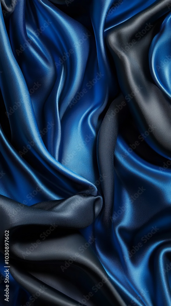 Poster smooth, shiny blue and black satin fabric is draped and folded, creating an abstract background with