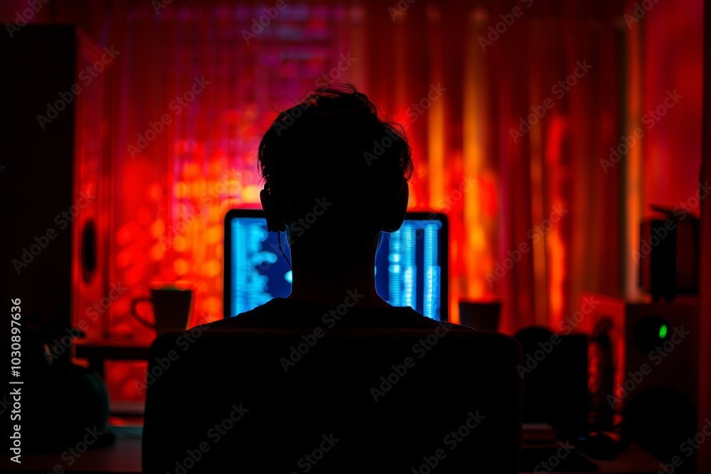 Poster an anonymous hacker in a dark room attempting a major cyber attack ,a man seated at a computer, illu