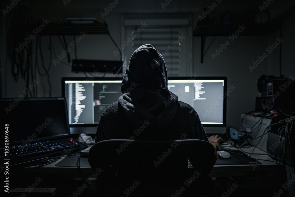 Poster an anonymous hacker in a dark room attempting a major cyber attack ,a person wearing a hoodie is sea