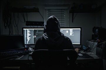 An anonymous hacker in a dark room attempting a major cyber attack ,A person wearing a hoodie is seated at a computer, focused on the screen in a cozy indoor setting.