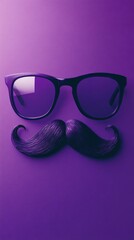 Fototapeta premium Pair of sunglasses and a fake mustache are laying on a purple background, creating a funny face. Perfect for party, humor or lifestyle concepts