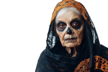 Halloween portrait of an elderly woman with a chilling grin, her eerie smile and unsettling stare fixed on the camera, isolated on a transparent background.