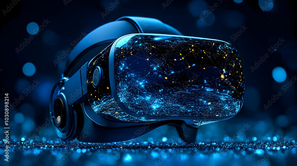 Poster a virtual reality headset displaying a digital network.