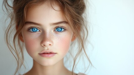 A young girl displays her enchanting blue eyes and delicate features