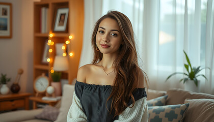 Beautiful young lady at home isolated with white highlights, png