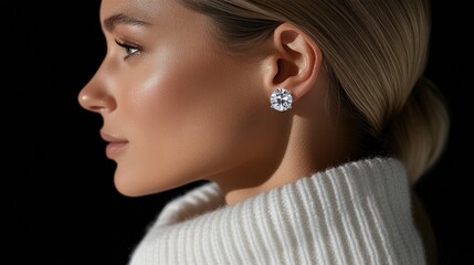 A woman gracefully highlights her beautiful earrings while modeling
