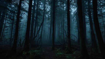 Obraz premium A dark, eerie forest at night, shrouded in thick fog, with towering trees looming overhead, creating a chilling and frightening atmosphere
