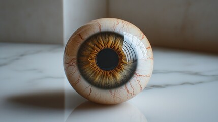 A beautifully crafted eye sculpture rests on a smooth marble countertop, reflecting light