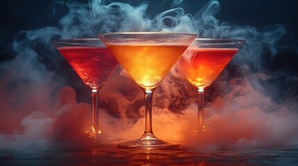 Colorful cocktails swirl with smoke, creating an enchanting atmosphere at dusk