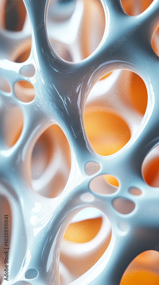 Poster smooth, white organic forms intertwine on an orange background, creating a futuristic pattern. evoki