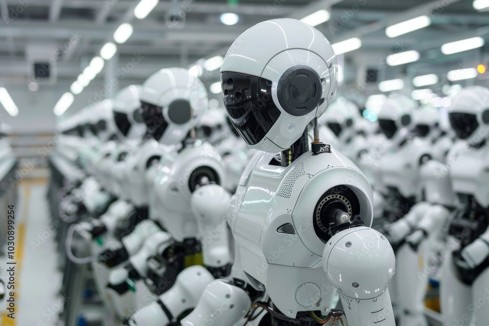 Poster an assembly line of robots under construction ,a high-tech manufacturing scene featuring robots effi