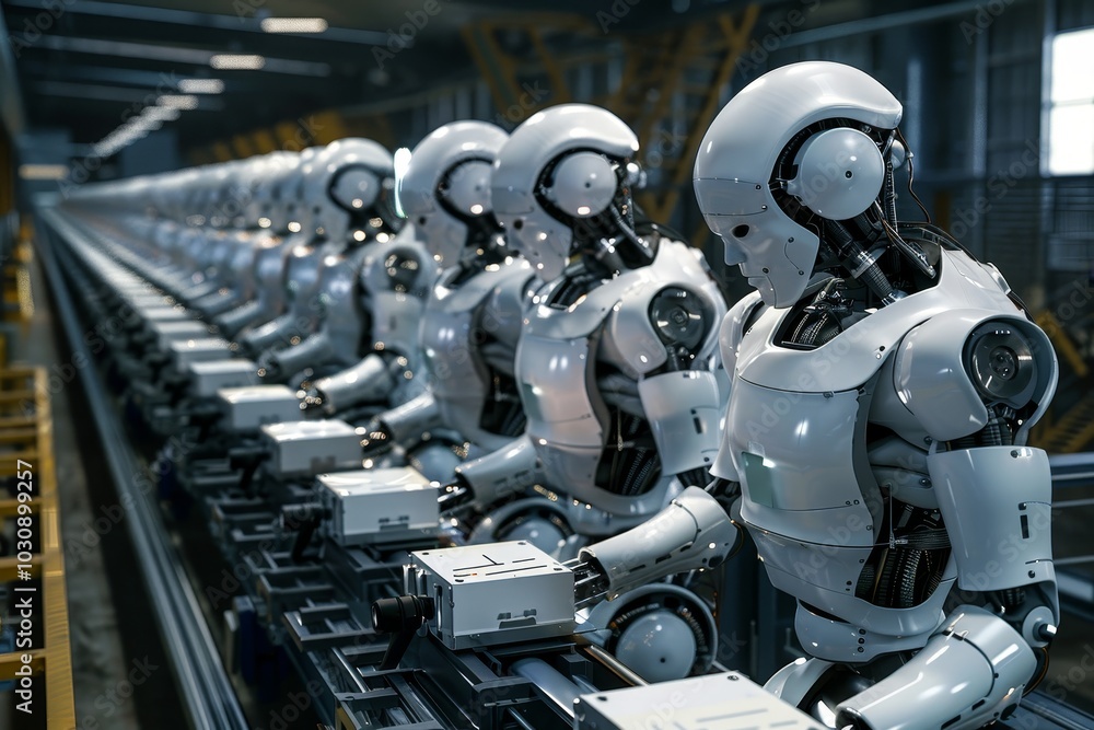Poster an assembly line of robots under construction ,an advanced robotic system operating in a modern manu