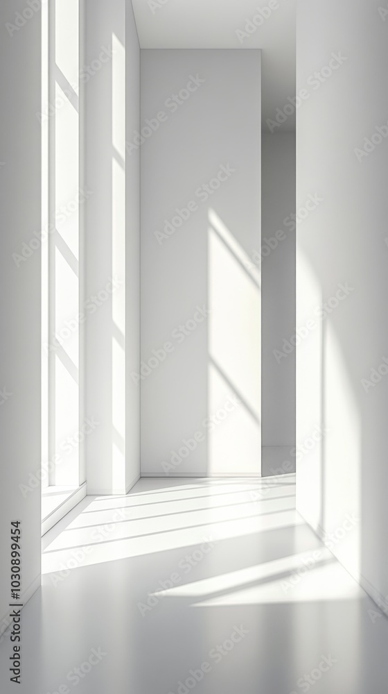 Poster sunlight filters through windows, casting shadows on white walls and floors, creating a serene and m