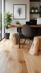 Design an office with natural wood flooring, black metal legs on the desk and two tree stump side tables, modern home interior