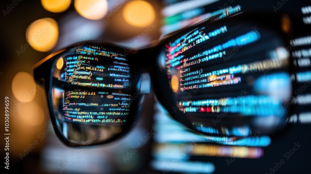 Poster Glasses Reflecting Computer Code in a Dark Room