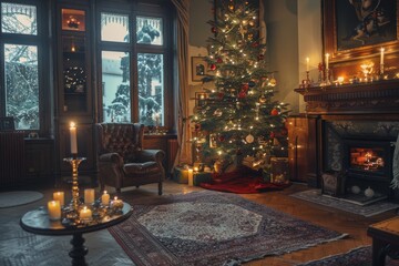 An atmospheric candlelit room with a Christmas tree in the corner ,A welcoming dining room highlighted by a Christmas tree and candles, setting a serene and festive mood for gatherings.