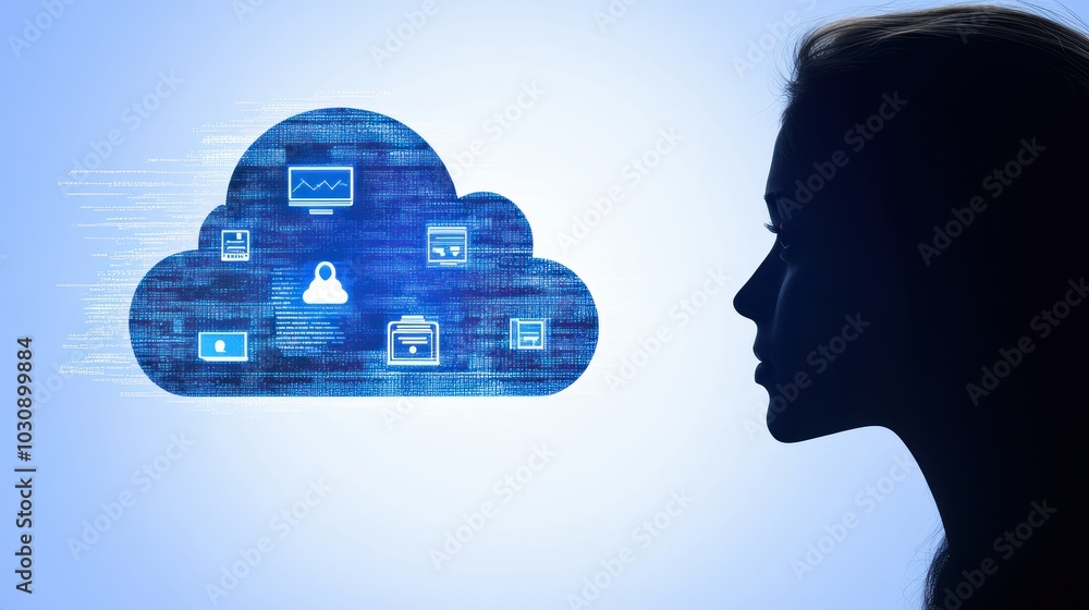 Aufkleber woman looking at cloud computing data and icons