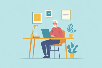 retirement, senior activities, elderly man using modern technologies. old male sitting at desk, learning to use laptop at home, flat illustration on bright blue background.