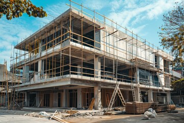 An eco-friendly building under construction, making use of recycled materials ,A large building being constructed, with palm trees in the foreground, illustrating a dynamic urban landscape.