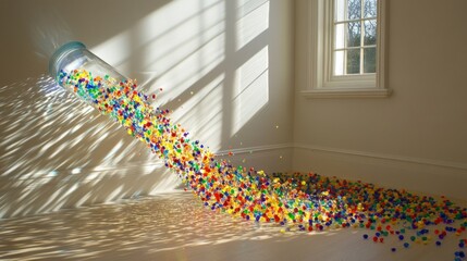 Obraz premium Colorful Glass Beads Pouring From A Jar Onto A Wooden Floor