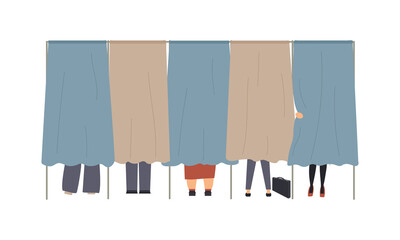 Political election process. Bundle of people are in the voting booths putting ballots in box at polling station, choosing candidate or voting for politicians. Raster cartoon illustration
