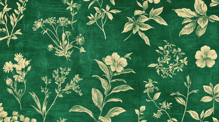 Antique botanical illustration pattern with delicate flowers and foliage on emerald green background