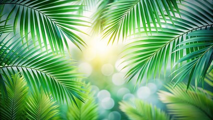 Obraz premium Blurred background of palm leaves in white and emerald colors
