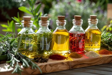 Herbal infused olive oils with fresh herbs and spices