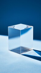 Glass cube on blue surface, casting shadow, creating light play. Minimalist, simple geometric beauty