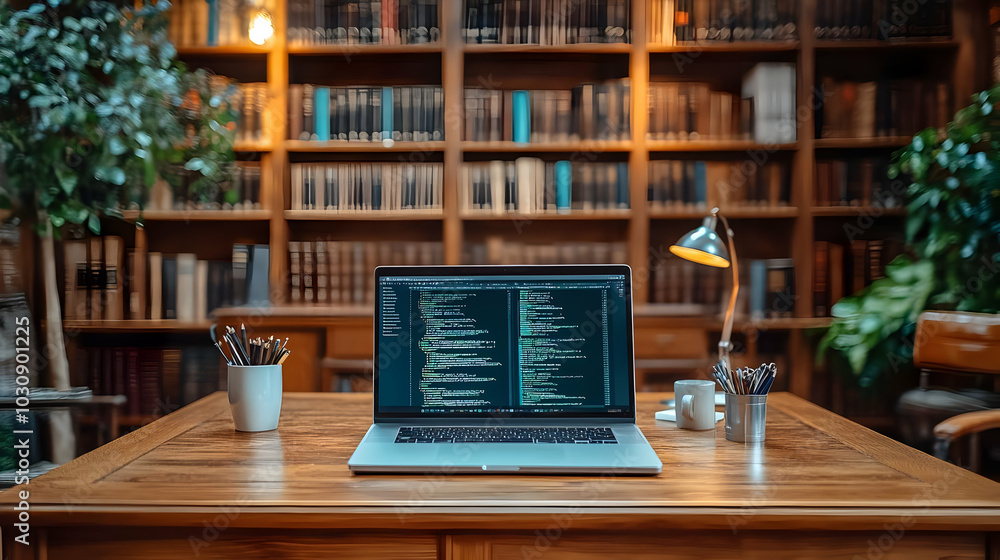 Poster a laptop displaying code on a desk surrounded by bookshelves.