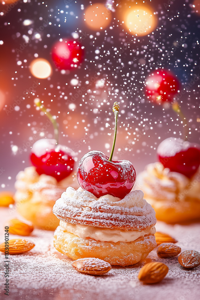 Poster a tempting display of small profiteroles, each elegantly topped with a shiny cherry and dusted with 