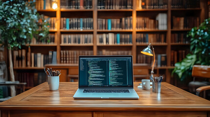 A laptop displaying code on a desk surrounded by bookshelves.
