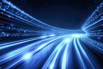 Futuristic light trails in curved digital tunnel: technology and speed visualization