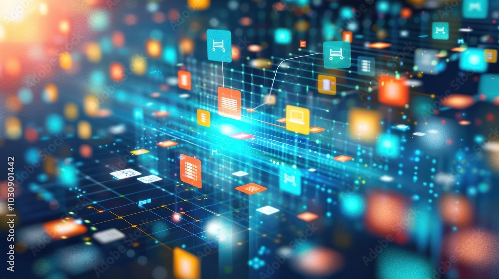 Aufkleber abstract digital network with connected icons and bokeh lights