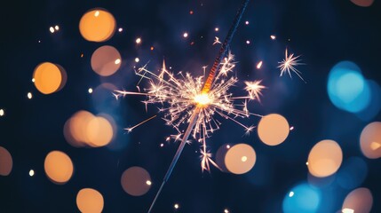Fototapeta premium Silvester, New Year 2025 Party, Sparklers and bokeh lights on dark blue night sky