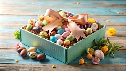 Charming Easter gift box overflowing with treats and sweets for spring festivities