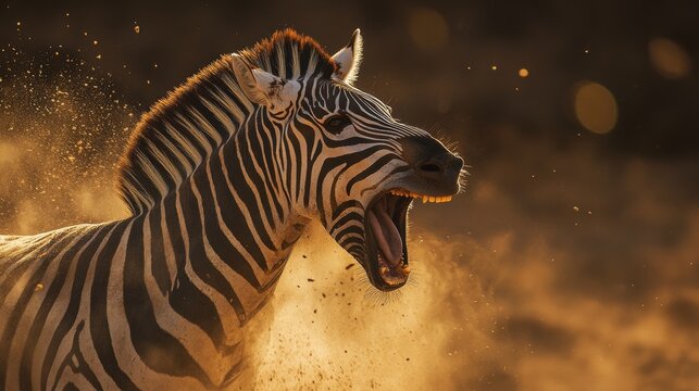 A zebra is running through the desert with its mouth open, spewing dust and dirt. The scene is intense and dramatic, with the zebra's actions creating a sense of urgency and danger