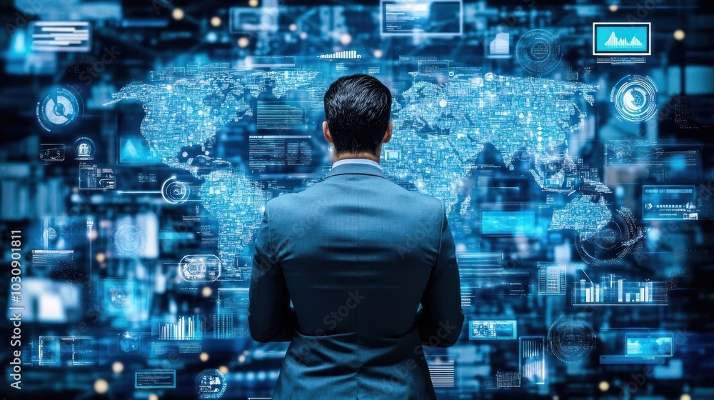 Aufkleber Businessman Viewing Global Data and Information on a Digital Display