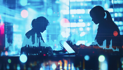 Silhouettes in office setting with digital technology and graphs overlay