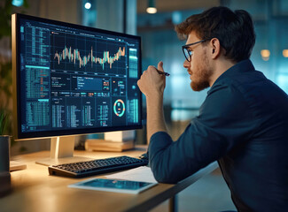Focused analyst working on financial data and market trends at computer monitor