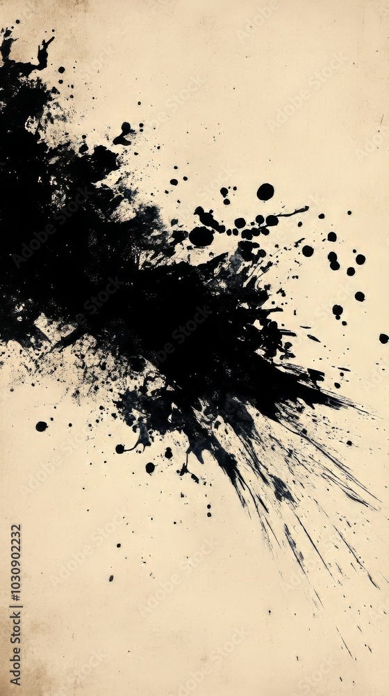 Poster black ink splattered on aged parchment paper creates a vintage abstract design with a grungy, artist