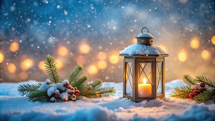 Christmas lantern on table in snow