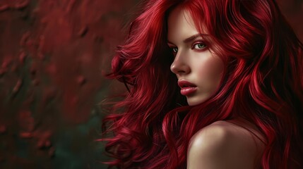 Naklejka premium Beautiful Hair. Saturated healthy shiny hair after dyeing. Concept of recovery structure. Beauty Model girl with Healthy ruby Hair. Beautiful woman with long ginger shiny wavy hair