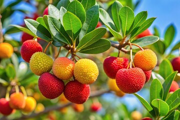 Close up of a Long Shot strawberry tree cane apple (Arbutus unedo)